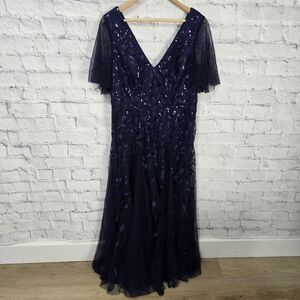 Ever pretty dress gown plus Sz 16 navy sheer sleeve v neck sequin long ACL
